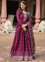 Chinnon Wine Party Wear Embroidery Work Readymade Gown With Dupatta